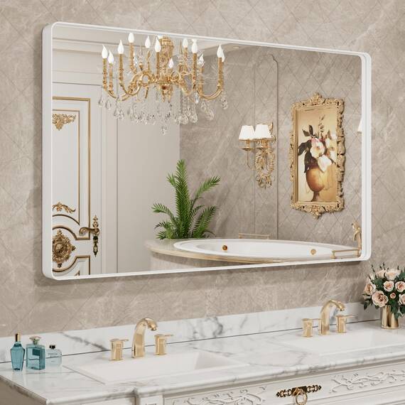 LOAAO Weißer Badezimmerspiegel mit den Maßen 140 x 102 cm, mit Metallrahmen für die Wand, Badezimmer-Schminkspiegel, Bauernhaus-Design, großer abgerundeter rechteckiger Spiegel, rostfrei, gehärtetes