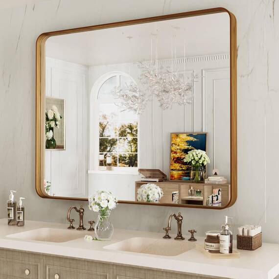 LOAAO Badezimmerspiegel mit Holzmaserung mit den Maßen 102 x 76,2 cm, farbiger, abgerundeter, rechteckiger Metallrahmen, rostbeständig, kann horizontal oder vertikal aufgehängt werden, gehärtetes Glas