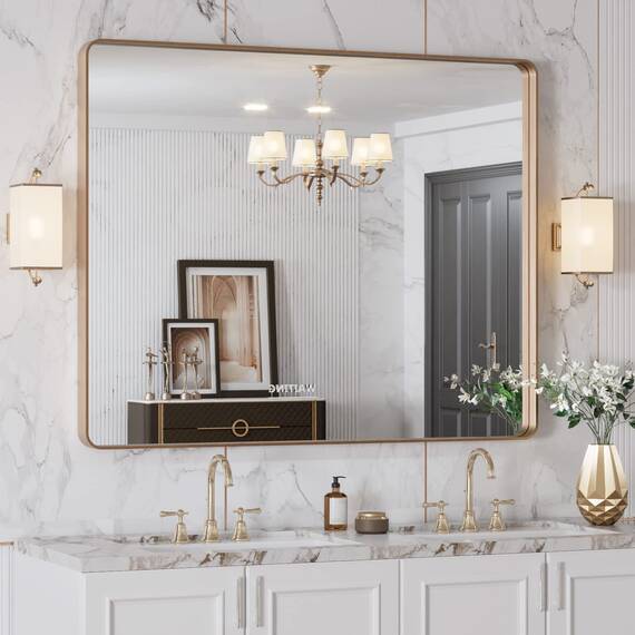 LOAAO 101,6 x 81,3 cm Goldener Badezimmerspiegel, Abgerundeter rechteckiger goldfarbener Rahmen, gebürstetes Gold, Badezimmer-Schminkspiegel, Wandmontage, rostfreies gehärtetes Glas, kann horizontal