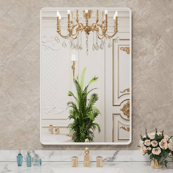 LOAAO 71,1 x 91,4 cm weißer Badezimmerspiegel mit Metallrahmen für die Wand, weißer Badezimmer-Schminkspiegel, Bauernhaus, groß, abgerundet, rechteckig, rostfrei, gehärtetes Glas, hängt horizontal