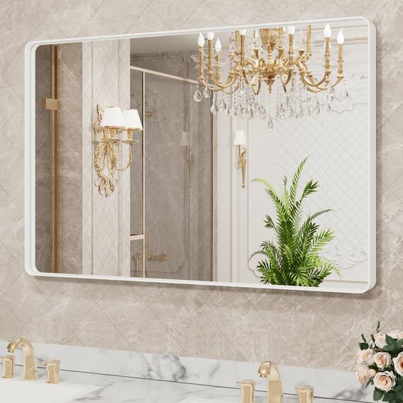 LOAAO Badezimmerspiegel mit weißem Metallrahmen, 121,9 x 81,3 cm, weißer Badezimmer-Schminkspiegel, Bauernhaus, groß, abgerundet, rechteckig, rostfrei, gehärtetes Glas, zum Aufhängen horizontal oder