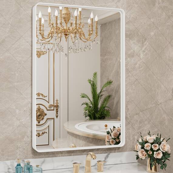 LOAAO Weißer Badezimmerspiegel mit den Maßen 81 x 91 cm, mit Metallrahmen für die Wand, Badezimmer-Schminkspiegel, geeignet für Bauernhaus, großer abgerundeter rechteckiger Spiegel, rostfrei