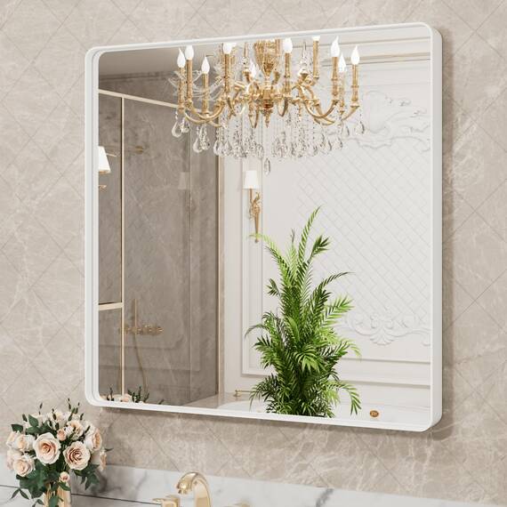 LOAAO 91,4 x 91,4 cm weißer Badezimmerspiegel mit Metallrahmen für die Wand, weißer Badezimmer-Schminkspiegel, Bauernhaus, groß, abgerundet, rechteckig, rostfrei, gehärtetes Glas, hängt horizontal