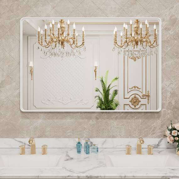 LOAAO Badezimmerspiegel mit weißem Metallrahmen, 101,6 x 76,2 cm, für die Wand, weißer Badezimmer-Schminkspiegel, Bauernhaus, groß, abgerundet, rechteckig, rostfrei, gehärtetes Glas, zum Aufhängen