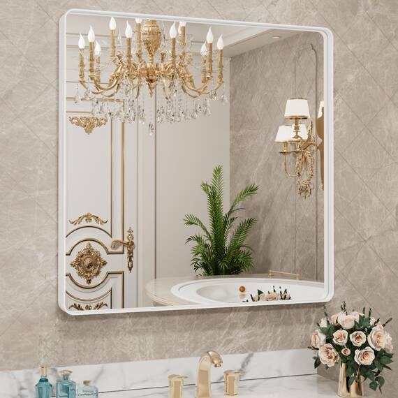 LOAAO 91,4 x 91,4 cm weißer Badezimmerspiegel mit Metallrahmen für die Wand, weißer Badezimmer-Schminkspiegel, Bauernhaus, groß, abgerundet, rechteckig, rostfrei, gehärtetes Glas, hängt horizontal