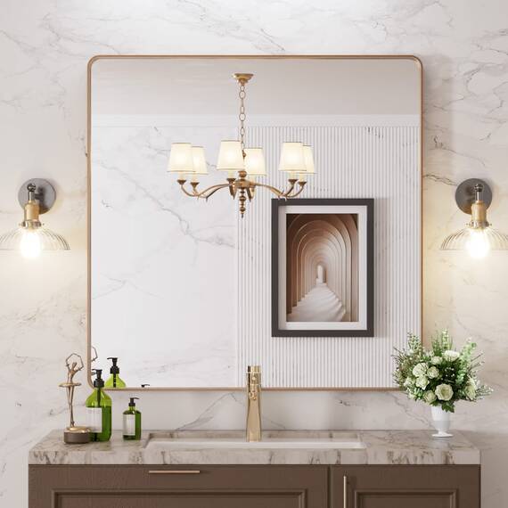 LOAAO Goldener Badezimmerspiegel mit den Maßen 91,4 x 91,4 cm, abgerundeter rechteckiger goldfarbener Rahmen, gebürsteter Gold-Badezimmerspiegel, Wandmontage, rostfreies gehärtetes Glas, kann