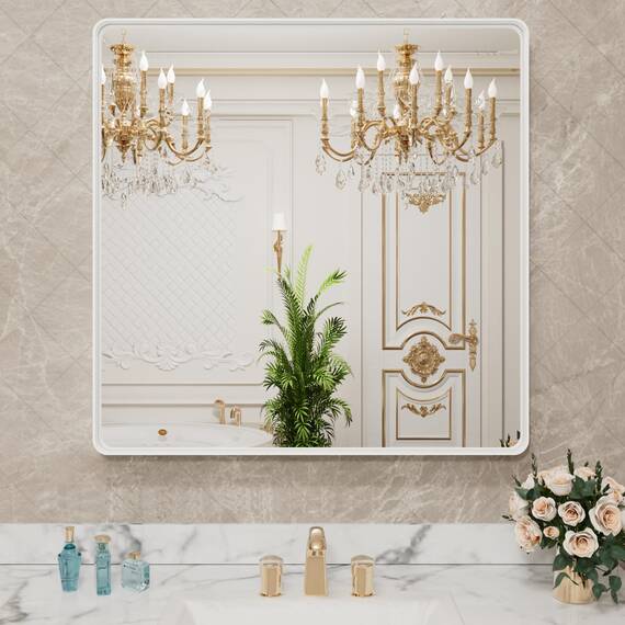 LOAAO 91,4 x 91,4 cm weißer Badezimmerspiegel mit Metallrahmen für die Wand, weißer Badezimmer-Schminkspiegel, Bauernhaus, groß, abgerundet, rechteckig, rostfrei, gehärtetes Glas, hängt horizontal