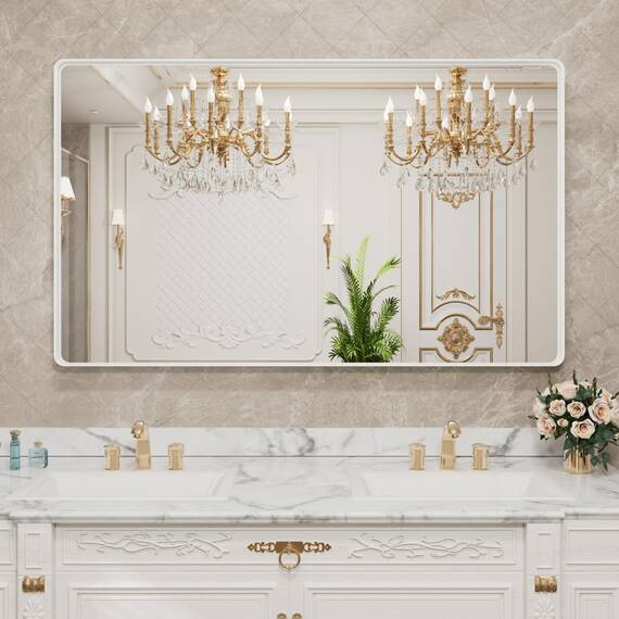 LOAAO Weißer Badezimmerspiegel mit den Maßen 140 x 102 cm, mit Metallrahmen für die Wand, Badezimmer-Schminkspiegel, Bauernhaus-Design, großer abgerundeter rechteckiger Spiegel, rostfrei, gehärtetes