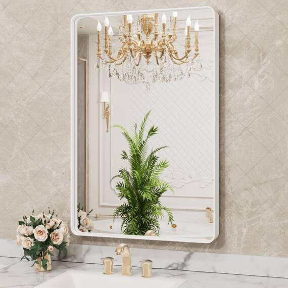 LOAAO Weißer Badezimmerspiegel mit den Maßen 61 x 91 cm; mit Metallrahmen für die Wand, Badezimmer-Schminkspiegel, geeignet für Bauernhaus, großer abgerundeter rechteckiger Spiegel, rostfrei, kann