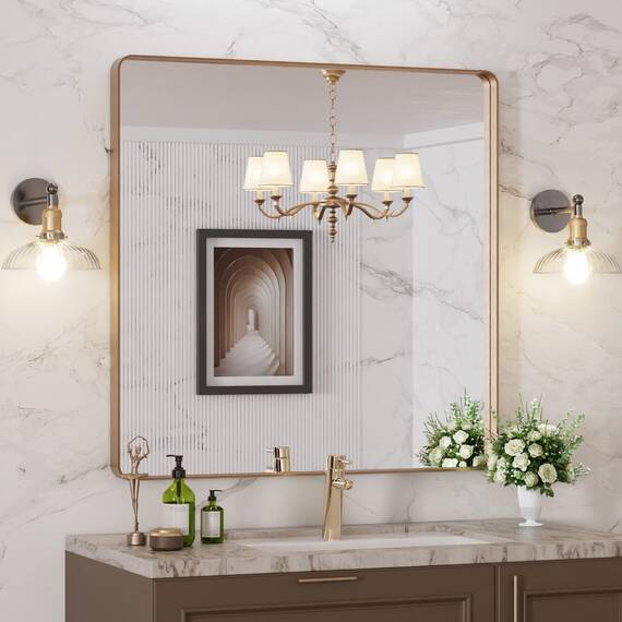 LOAAO Goldener Badezimmerspiegel mit den Maßen 91,4 x 91,4 cm, abgerundeter rechteckiger goldfarbener Rahmen, gebürsteter Gold-Badezimmerspiegel, Wandmontage, rostfreies gehärtetes Glas, kann