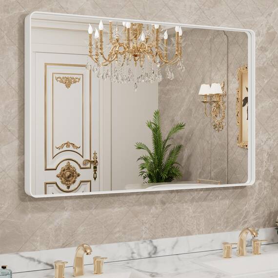 LOAAO Badezimmerspiegel mit weißem Metallrahmen, 121,9 x 81,3 cm, weißer Badezimmer-Schminkspiegel, Bauernhaus, groß, abgerundet, rechteckig, rostfrei, gehärtetes Glas, zum Aufhängen horizontal oder