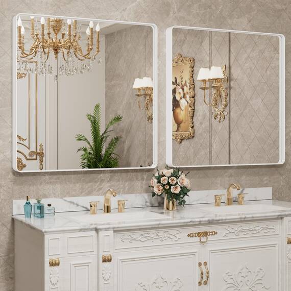 LOAAO 91,4 x 91,4 cm weißer Badezimmerspiegel mit Metallrahmen für die Wand, weißer Badezimmer-Schminkspiegel, Bauernhaus, groß, abgerundet, rechteckig, rostfrei, gehärtetes Glas, hängt horizontal