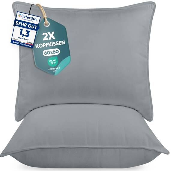Utopia Bedding KopfKissen (2er Set), 60 x 60 cm Schlafkissen, Atmungsaktiv et Weich Kissen (Grau)