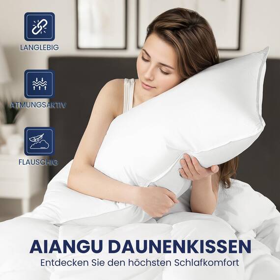 DEITAS AiAngu Daunenkissen flauschig 79.99x79.99 2er - 3-Kammer Design für optimalen Nackenstütz, weiche & atmungsaktive 100% Baumwollbezug - CP(Weiß)