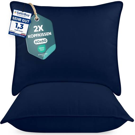 Utopia Bedding KopfKissen (2er Set), 60 x 60 cm Schlafkissen, Atmungsaktiv et Weich Kissen (Marineblau)