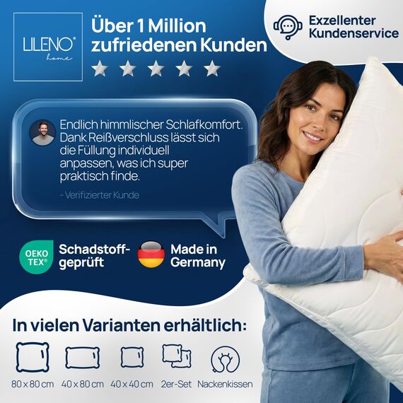 LILENO HOME Allergiker Kopfkissen 80x80 (2er Set) – 95°C waschbar, Oeko-Tex & Made in DE – Kissen 80x80 anpassbar für himmlischen Schlaf – Haut schmeichelndes & geruchsfreies Pillow