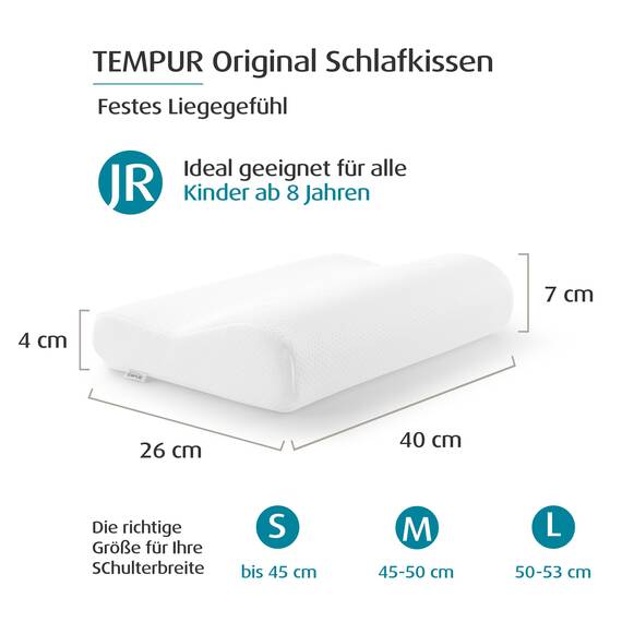 TEMPUR Original Junior Kinder-Kopfkissen, ergonomisches Nackenstützkissen für Kinder ab 8 Jahren, Memory Foam, Liegefühl fest, Jr (40 x 26 x 7/4 cm)
