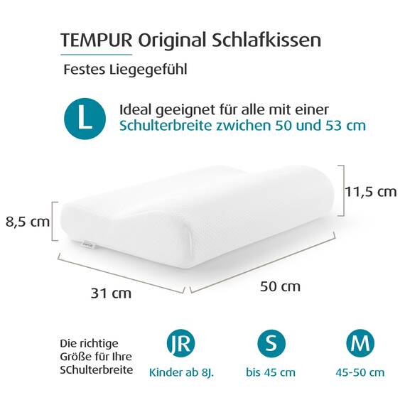TEMPUR Original Schlafkissen Memory Foam, ergonomisches Nackenstützkissen für Seiten- und Rückenschläfer, Liegefühl fest, L (50 x 31 x 11.5/8.5 cm), Weiß