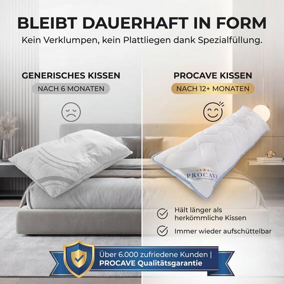 PROCAVE Seitenschläferkissen Top Cool - Kissen lang - atmungsaktives Schlafkissen - Kissen für Seitenschläfer - Body Pillow waschbar - Komfortkissen gegen Rückenschmerzen - Made in Germany - 40x145cm