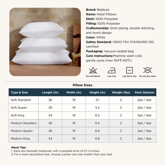 BEDSURE Standard-Kissen zum Schlafen, Bettkissen, Hotelqualität, weiche Daunen, Alternative Kissen, 2 Stück, hypoallergenes Kissen für Seiten- und Rückenschläfer (Standard, 50,8 x 66 cm, 2 Stück)