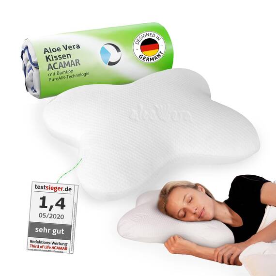 Third of Life Seitenschläfer-Kissen ACAMAR mit Aloe Vera Bezug, HWS Nackenstützkissen, Ergonomischer Memory Foam für die Seitenlage, Wellnesskern mit Bambus-Aktivkohle, Aktive Hautpflege mit Oekotex