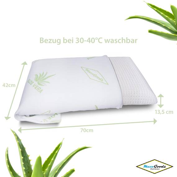MaxxGoods orthopädisches Nackenstützkissen aus Visco Gelschaum & Aloe Vera Bezug - Kopfkissen, Schlafkissen für HWS Unterstützung & Nackenschmerzen - für Seitenschläfer & Bauchschläfer (70x42x13,5cm)