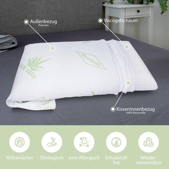 MaxxGoods orthopädisches Kissen, Nackenstützkissen aus Visco Gelschaum mit Aloe Vera Schutzbezug & Innenbezug 100% Baumwolle - Kopfkissen für Bauch- Rücken- und Seitenschläfer (42cm x 70cm x 12cm)