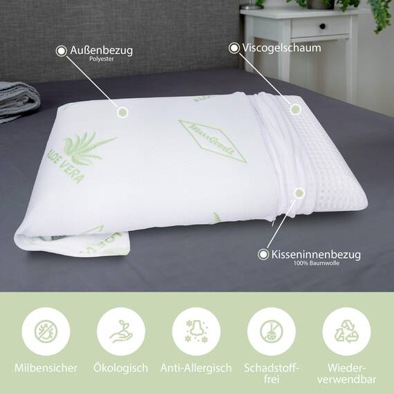 MaxxGoods orthopädisches Kissen, Nackenstützkissen aus Visco Gelschaum mit Aloe Vera Schutzbezug & Innenbezug 100% Baumwolle - Kopfkissen für Wasserbetten, Kinder, Bauchschläfer (42cm x 70cm x 10cm)