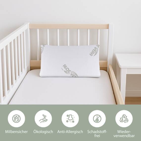 MaxxGoods orthopädisches flaches Kopfkissen [WASCHBAR] aus Visco Gelschaum + Baumwollbezug + Aloe Vera Schutzbezug - Nackenstützkissen für HWS Unterstützung - Kopfkissen Babys & Kindern (50x30x5cm)