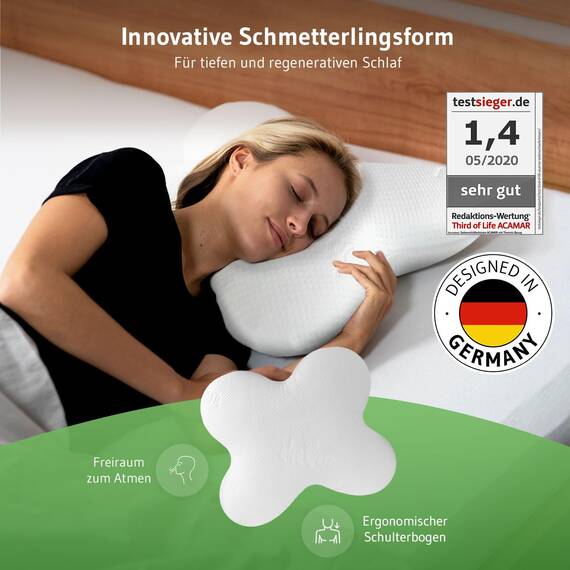 Third of Life Seitenschläfer-Kissen ACAMAR mit Aloe Vera Bezug, HWS Nackenstützkissen, Ergonomischer Memory Foam für die Seitenlage, Wellnesskern mit Bambus-Aktivkohle, Aktive Hautpflege mit Oekotex