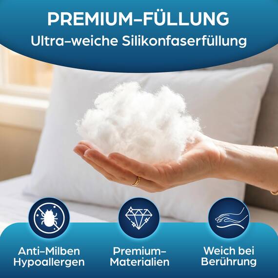 Kopfkissen, 40 x 60 cm, 2 Stück, für das Bett, dekorativ, antiallergisch, milbendicht, kühlend, rechteckig, weißer Kissenbezug aus Baumwolle und Polyester, abnehmbar und waschbar