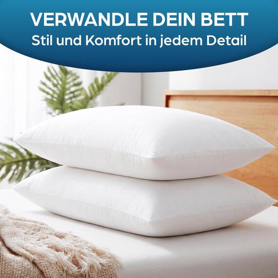 Kopfkissen, 40 x 60 cm, 2 Stück, für das Bett, dekorativ, antiallergisch, milbendicht, kühlend, rechteckig, weißer Kissenbezug aus Baumwolle und Polyester, abnehmbar und waschbar