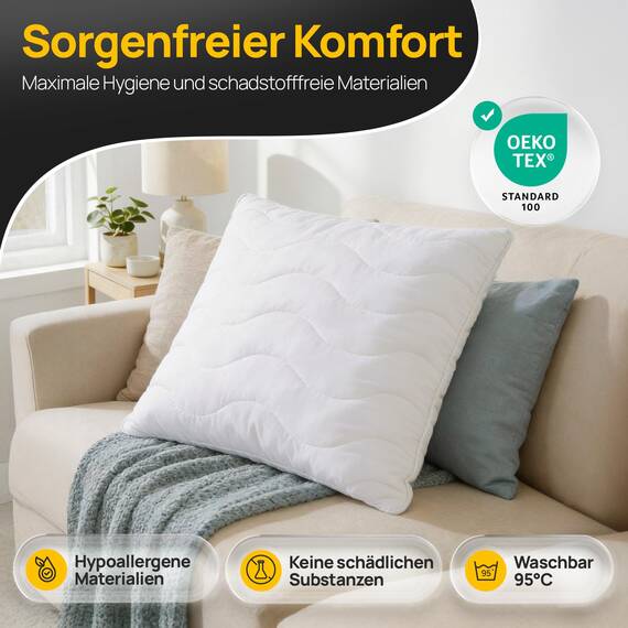 LILENO HOME Kissen 50x50 (2er Set) – 95 °C waschbar, Oeko-Tex & Made in DE – Allergiker Kopfkissen 50x50 für himmlischen Schlaf – Haut schmeichelndes & geruchsfreies Pillow
