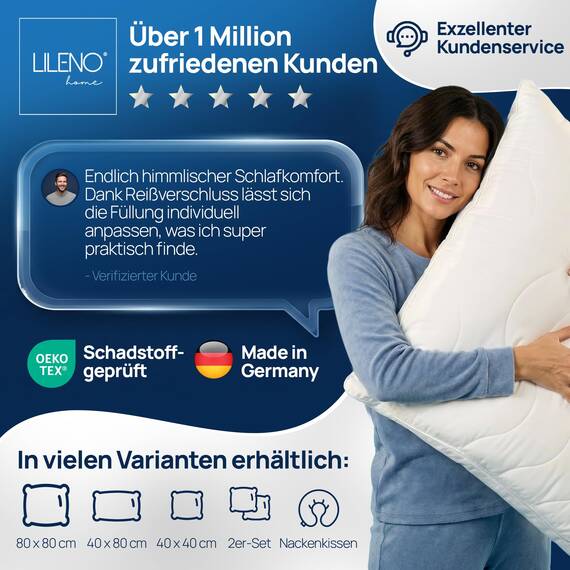 LILENO HOME Allergiker Kopfkissen 80x80 (1er Set) – 95°C waschbar, OekoTex & Made in DE – Kissen 80x80 mit praller Füllung für himmlischen Schlaf – Haut schmeichelndes & geruchsfreies Pillow