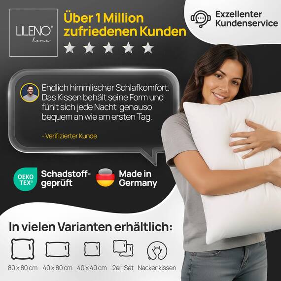 LILENO HOME Kissen 50x50 (1er Set) – 95 °C waschbar, Oeko-Tex & Made in DE – Allergiker Kopfkissen 50x50 für himmlischen Schlaf – Haut schmeichelndes & geruchsfreies Pillow