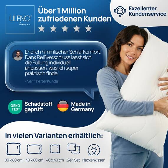LILENO HOME Allergiker Kopfkissen 40x80 (1er Set) – 95°C waschbar, Oeko-Tex & Made in DE – Kissen 40x80 anpassbar für himmlischen Schlaf – Haut schmeichelndes & geruchsfreies Pillow