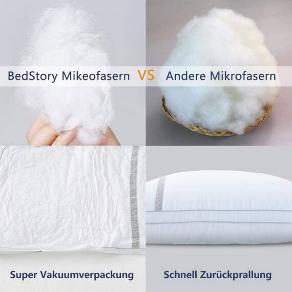 BedStory Kopfkissen 80x80, 2er Set Waschbare Kissen aus 1500g Mikrofaser, Hotel Qualität Kopfkissen mit Flanellstreifenbesatz, Geeignet für Seitenschläfer, Rückenschläfer und Bauchschläfer, Weiß