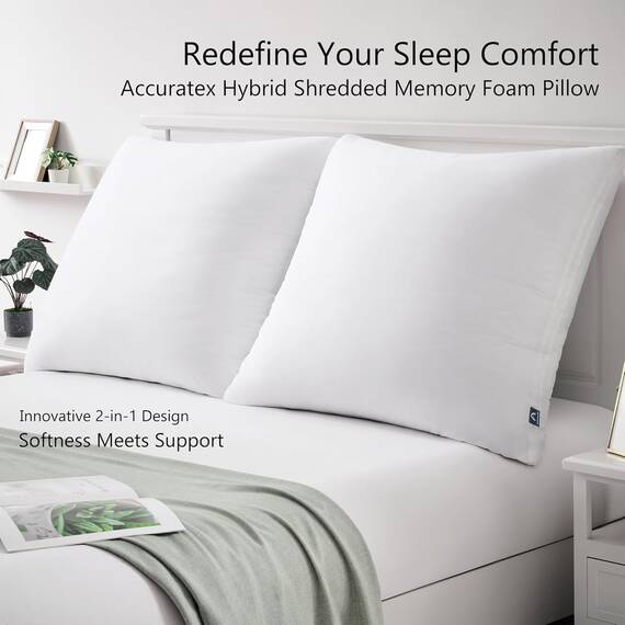 ACCURATEX Hybrid zerkleinertes Memory Foam Kopfkissen 2er Set, Kissen mit Mikrofaser Füllung & abnehmbarem Bezug, höhenverstellbares Bettkissen für Rücken, Bauchschläfer, waschbar, 65x65 cm, weiß