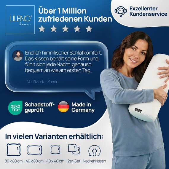 LILENO HOME Nackenrolle 15x40 (4er Set) – 95 °C waschbar, Oeko-Tex, Made in DE – Allergiker Kissenrolle für optimale Entspannung & Entlastung – Ideales Nackenrolle Kissen für Rücken & Nacken