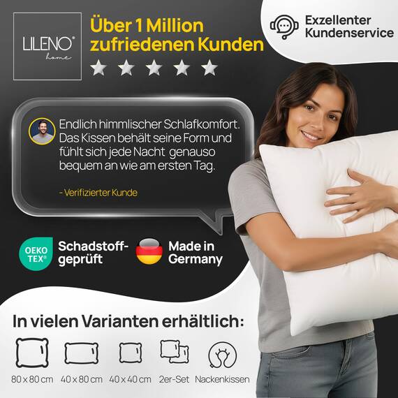 LILENO HOME Kissen 45x45 (4er Set) – 95 °C waschbar, Oeko-Tex & Made in DE – Allergiker Kopfkissen 45x45 für himmlischen Schlaf – Haut schmeichelndes & geruchsfreies Pillow
