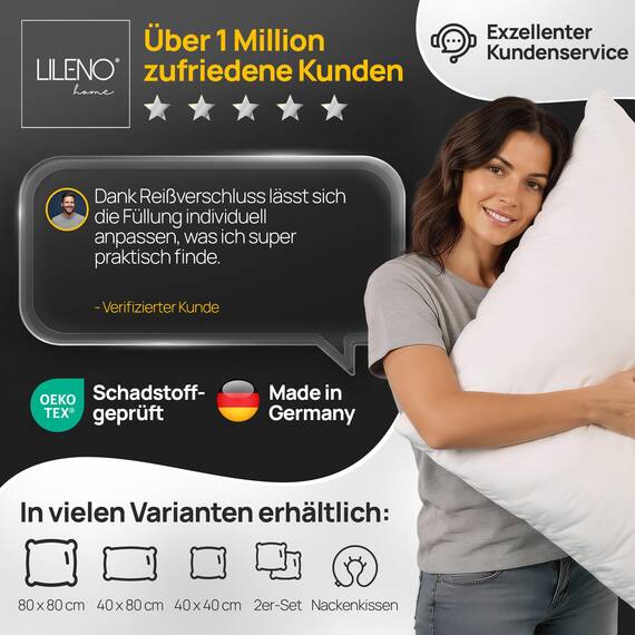 LILENO HOME Kissen 60x60 (4er Set) – 95 °C waschbar, Oeko-Tex & Made in DE – Allergiker Kopfkissen 60x60 anpassbar für himmlischen Schlaf – Haut schmeichelndes & geruchsfreies Pillow