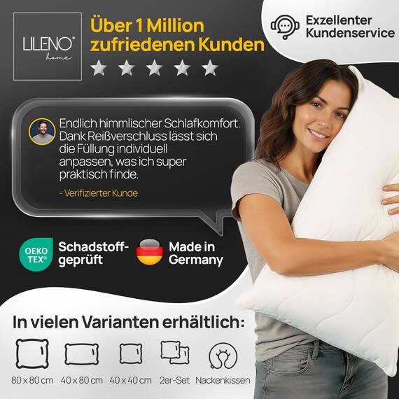 LILENO HOME Kissen 40x90 (6er Set) – 95 °C waschbar, Oeko-Tex & Made in DE – Allergiker Kopfkissen 40x90 anpassbar für himmlischen Schlaf – Haut schmeichelndes & geruchsfreies Pillow