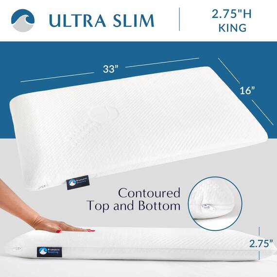Bluewave Bedding ultraflaches Ultra Slim Gel-Memoryschaum-Kissen für Bauch- und Rückenschläfer, niedriges, flaches Design für Halswirbelsäulenausrichtung und tieferen Schlaf, 7 cm hoch, Kingsize-Größe