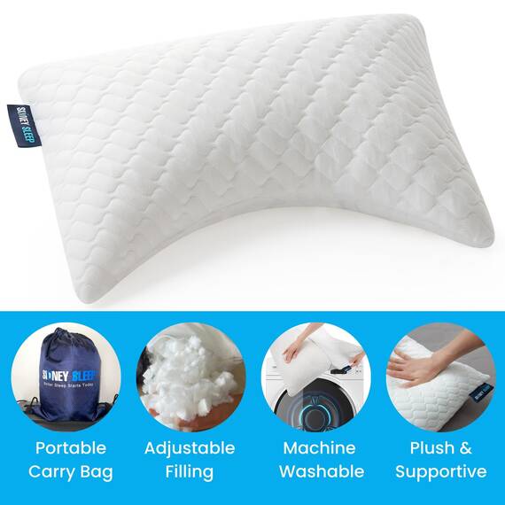 Sidney Sleep Mini-Nackenkissen in Reisegröße – Knie, Rücken, Lendenwirbelsäule und Unterstützung – kleines gebogenes Kissen – 35,6 x 48,3 cm – verstellbarer Loft – waschbar – Rucksack mit Kordelzug im