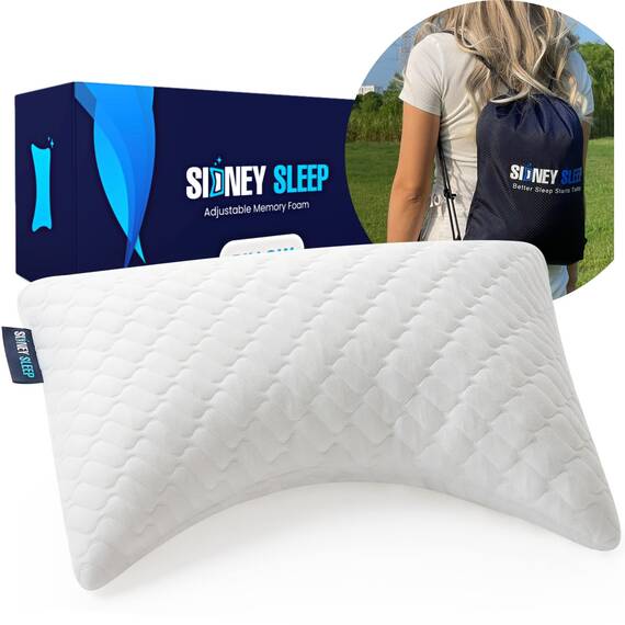 Sidney Sleep Mini-Nackenkissen in Reisegröße – Knie, Rücken, Lendenwirbelsäule und Unterstützung – kleines gebogenes Kissen – 35,6 x 48,3 cm – verstellbarer Loft – waschbar – Rucksack mit Kordelzug im