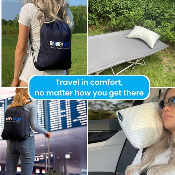 Sidney Sleep Mini-Nackenkissen in Reisegröße – Knie, Rücken, Lendenwirbelsäule und Unterstützung – kleines gebogenes Kissen – 35,6 x 48,3 cm – verstellbarer Loft – waschbar – Rucksack mit Kordelzug im