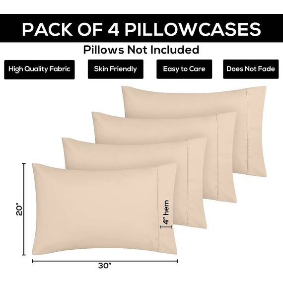 Utopia Bedding Queen-Kissenbezüge – 4er-Pack – Hotelverschluss – weicher, gebürsteter Mikrofaserstoff – schrumpf- und farbecht, Kissenbezüge, Queen-Size, 20 X 30 Inches (Beige)
