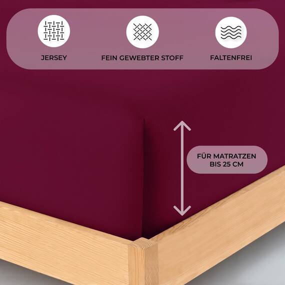 Buymax Spannbettlaken 90x200cm Doppelpack 100% Baumwolle Spannbetttuch Bettlaken Jersey, Matratzenhöhe bis 25 cm, Farbe Bordeaux