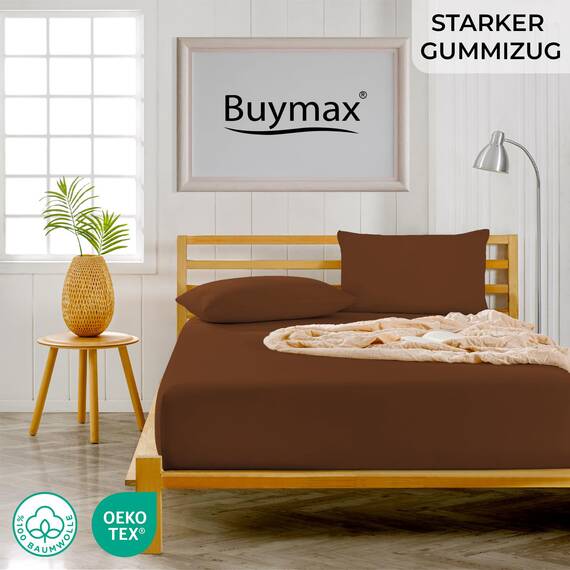 Buymax Spannbettlaken 90x200cm Doppelpack 100% Baumwolle Spannbetttuch Bettlaken Jersey, Matratzenhöhe bis 25 cm, Farbe Schokobraun