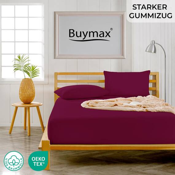 Buymax Spannbettlaken 90x200cm Doppelpack 100% Baumwolle Spannbetttuch Bettlaken Jersey, Matratzenhöhe bis 25 cm, Farbe Bordeaux